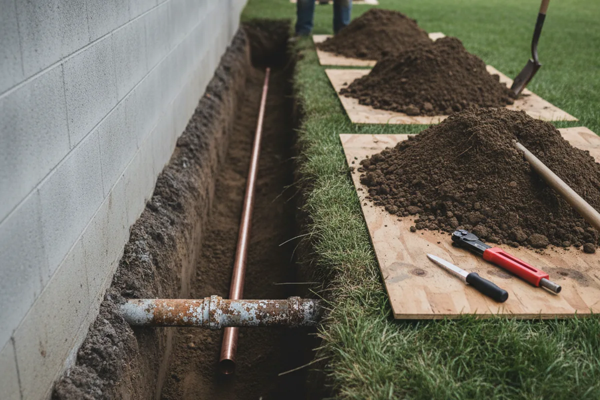Excavated water line trench during Sewer Line Repair in Jordan